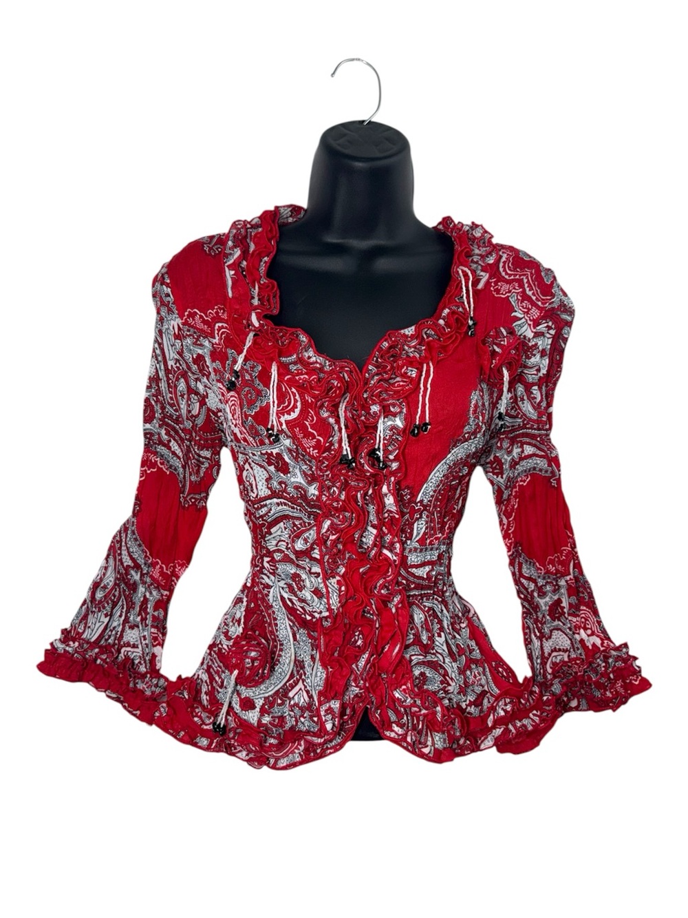 Agora Accordion Pleated Paisley Ruffle Beaded Rosette Long Sleeve Blouse Euro